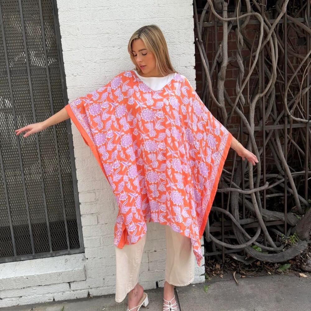 World Market Kaftan Dress Womens Free Size Orange Purple Floral Cover Up Poncho